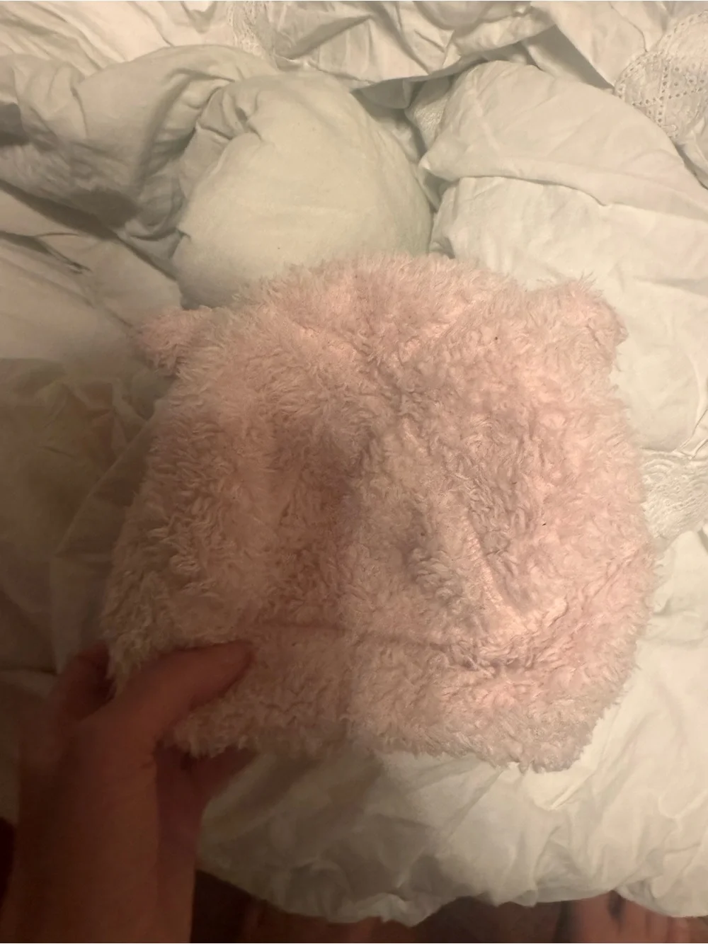 North Face Baby Bear Suave Oso Beanie in pink with a prominently displayed woven